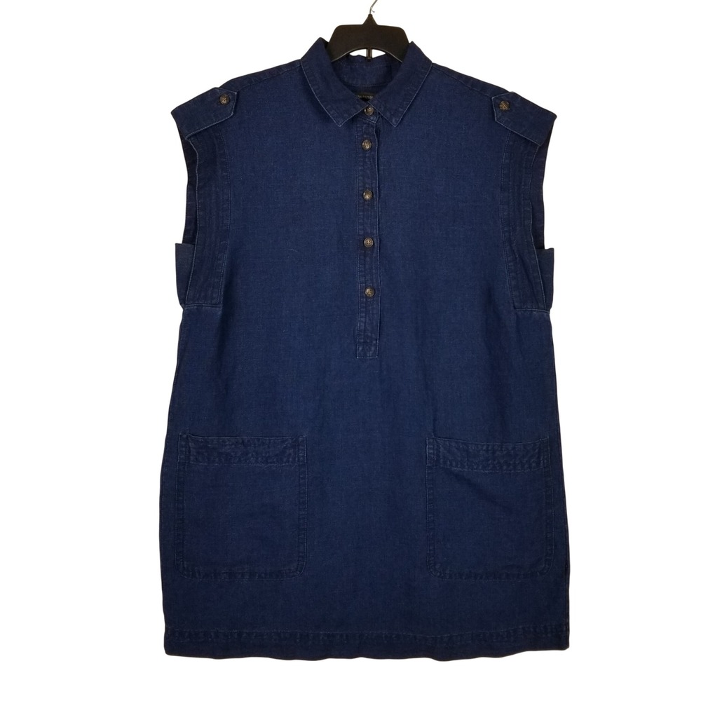 Banana Republic Utility Shift Dress Women XLā Blue Linen Cotton Sleeveless 229s